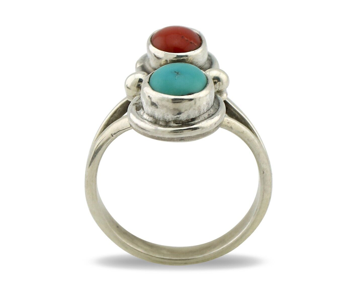Navajo Handmade Ring 925 Silver Coral & Turquoise Native American Artist C.80's