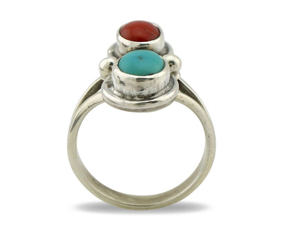 Navajo Handmade Ring 925 Silver Coral & Turquoise Native American Artist C.80's