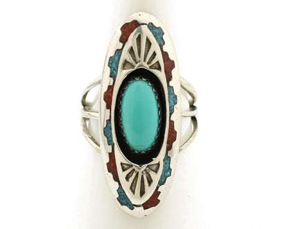 Navajo Ring 925 Silver Turquoise & Coral Signed Circle JW C.80s