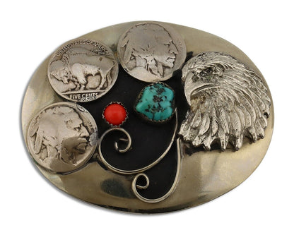 Navajo Eagle Head Belt Buckle .999 Nickle Turquoise & Coral Native Artist C80s