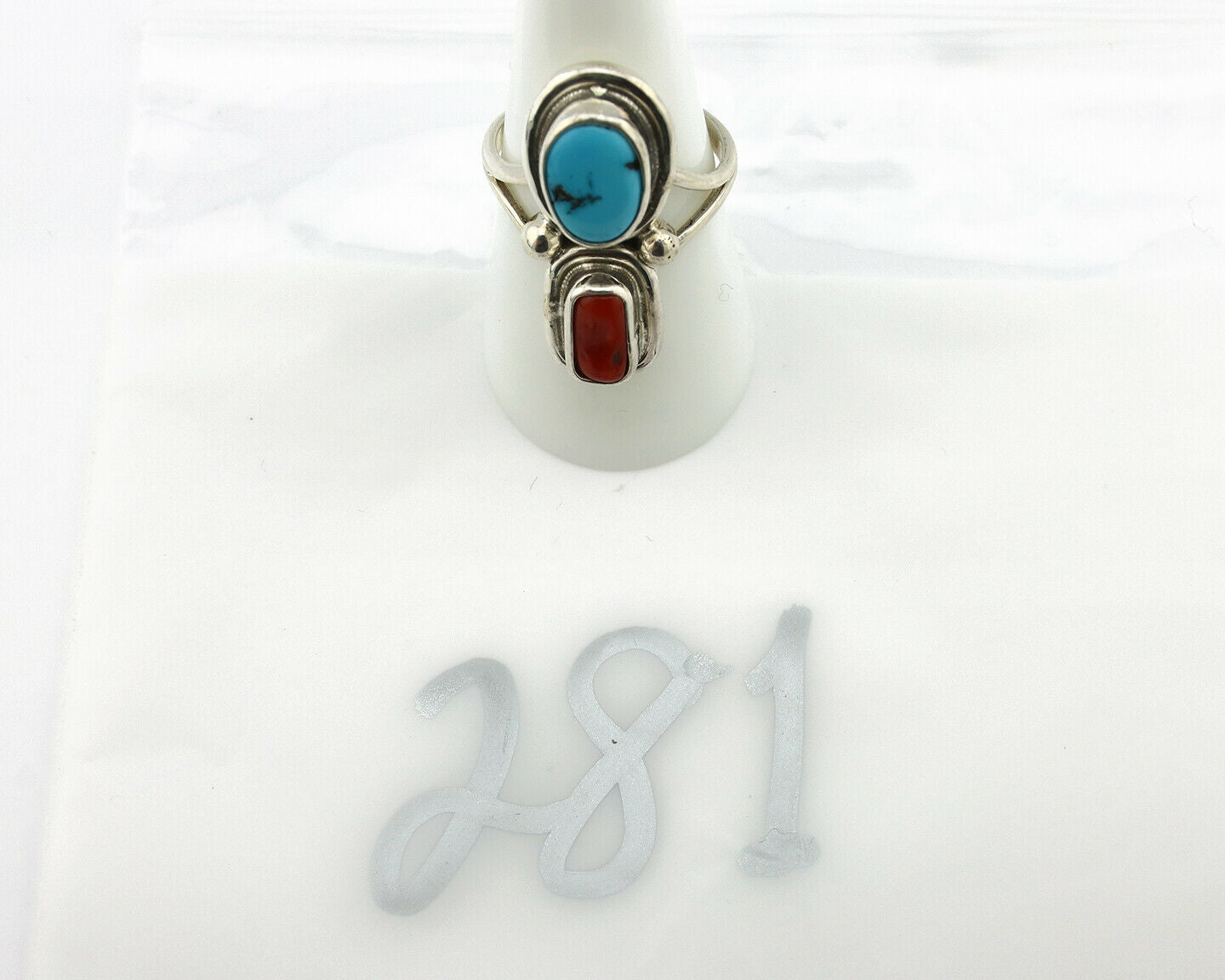 Navajo Ring .925 Silver Blue Turquoise & Red Coral Native American Artist C.80's