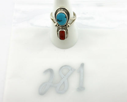 Navajo Ring .925 Silver Blue Turquoise & Red Coral Native American Artist C.80's