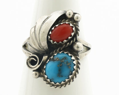 Navajo Ring .925 Silver Morenci Turquoise & Coral Native Artist Signed JM C.80's