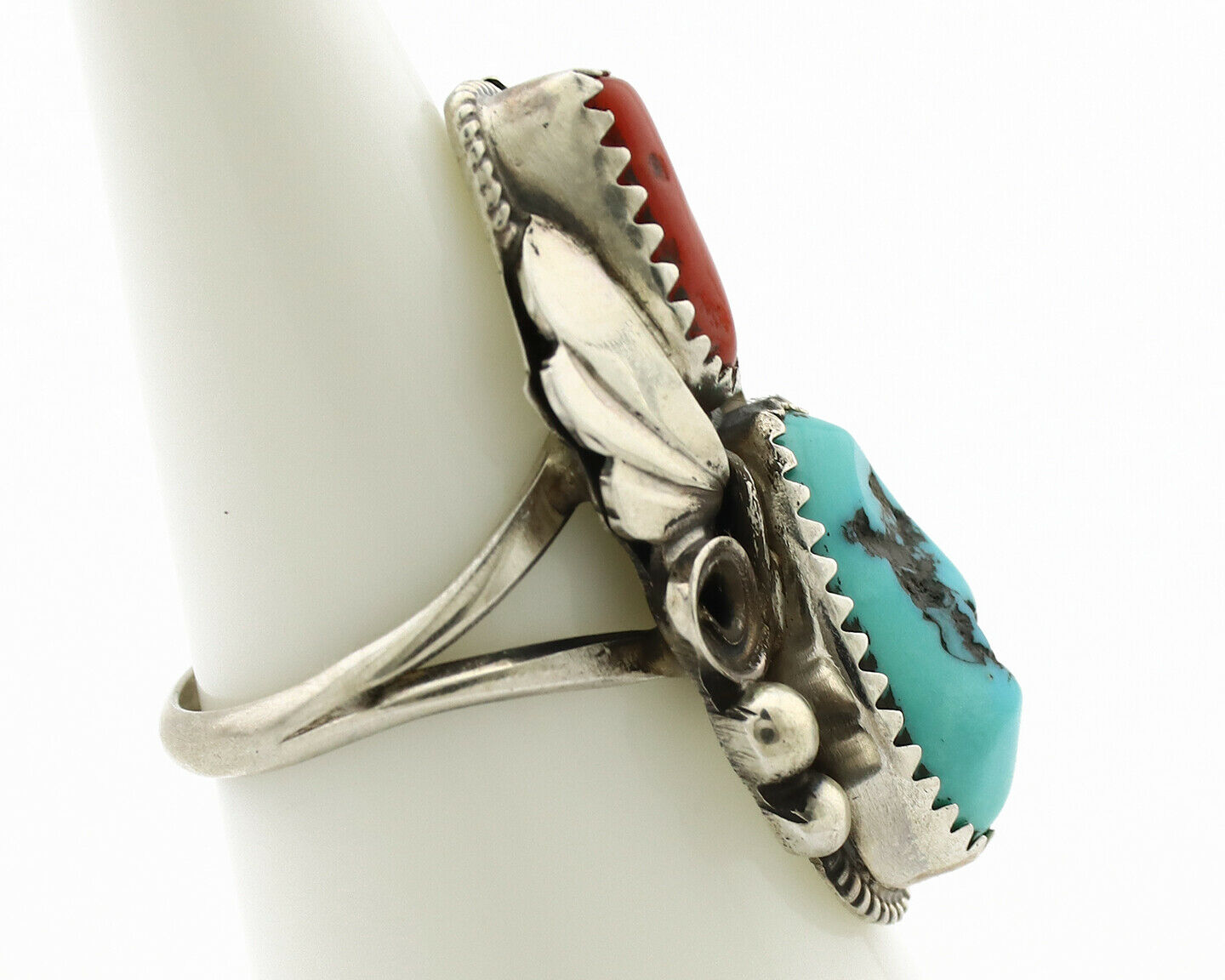 Navajo Ring .925 Silver Turquoise & Coral Artist Signed J Morris C.80's