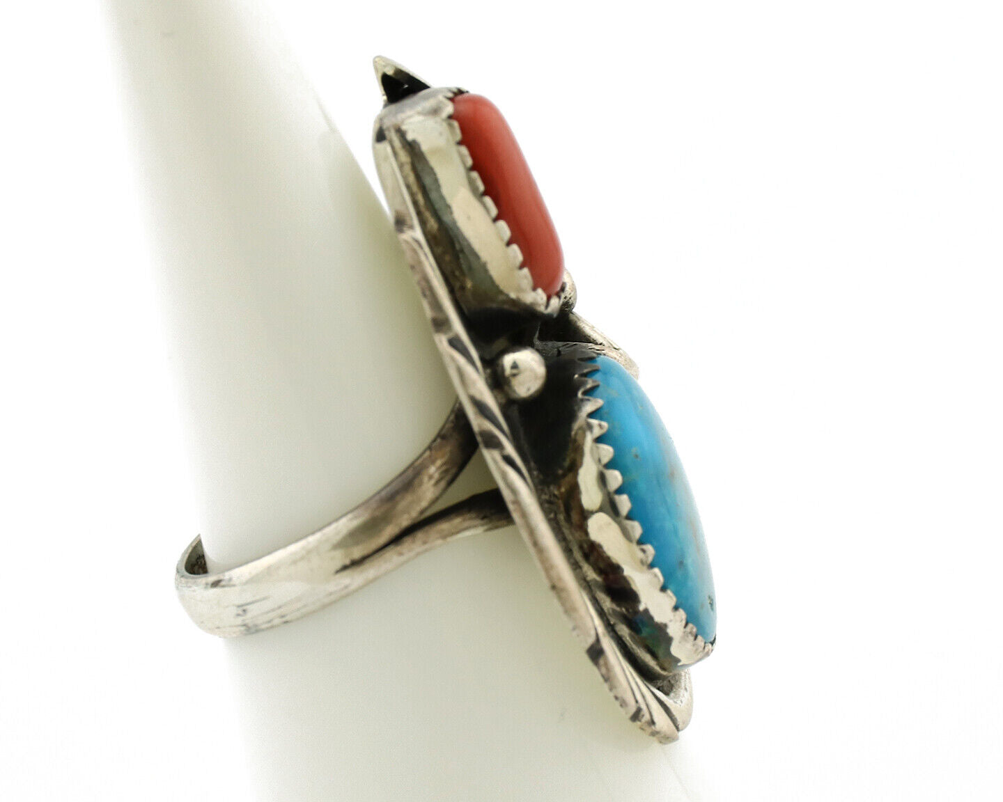 Navajo Ring 925 Silver Turquoise & Coral Artist Signed Native American C.80s