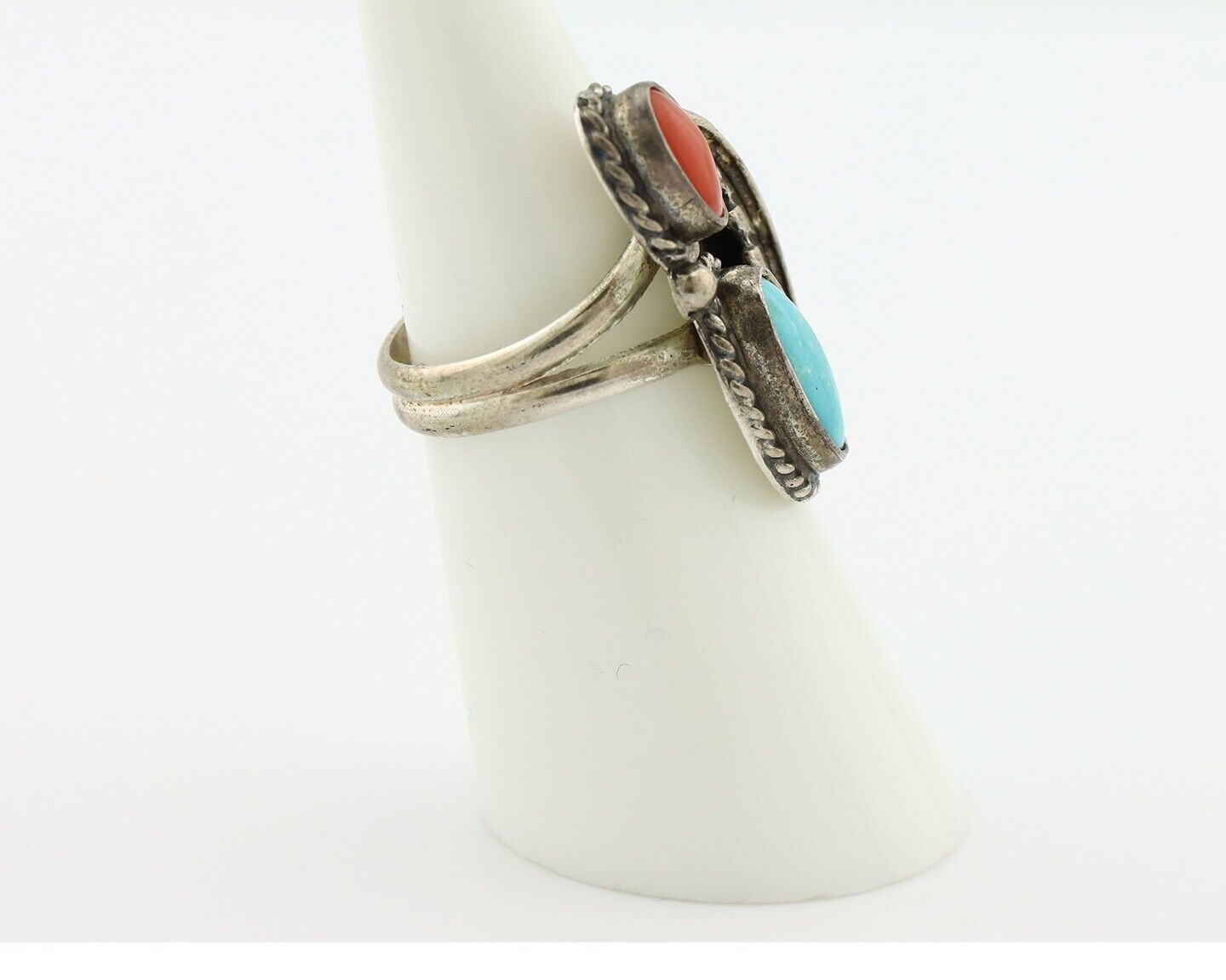 Navajo Handmade Ring 925 Silver Turquiose & Coral Native American Artist C.80's