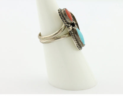 Navajo Handmade Ring 925 Silver Turquiose & Coral Native American Artist C.80's