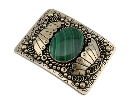 Men Navajo Belt Buckle 999 Nickel Malachite Artist Signed Teepee Handmade C80s
