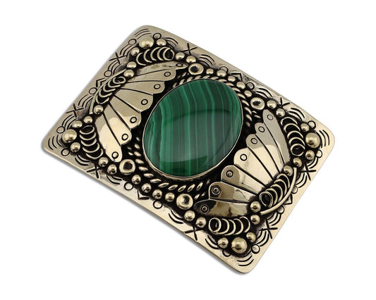 Men Navajo Belt Buckle 999 Nickel Malachite Artist Signed Teepee Handmade C80s