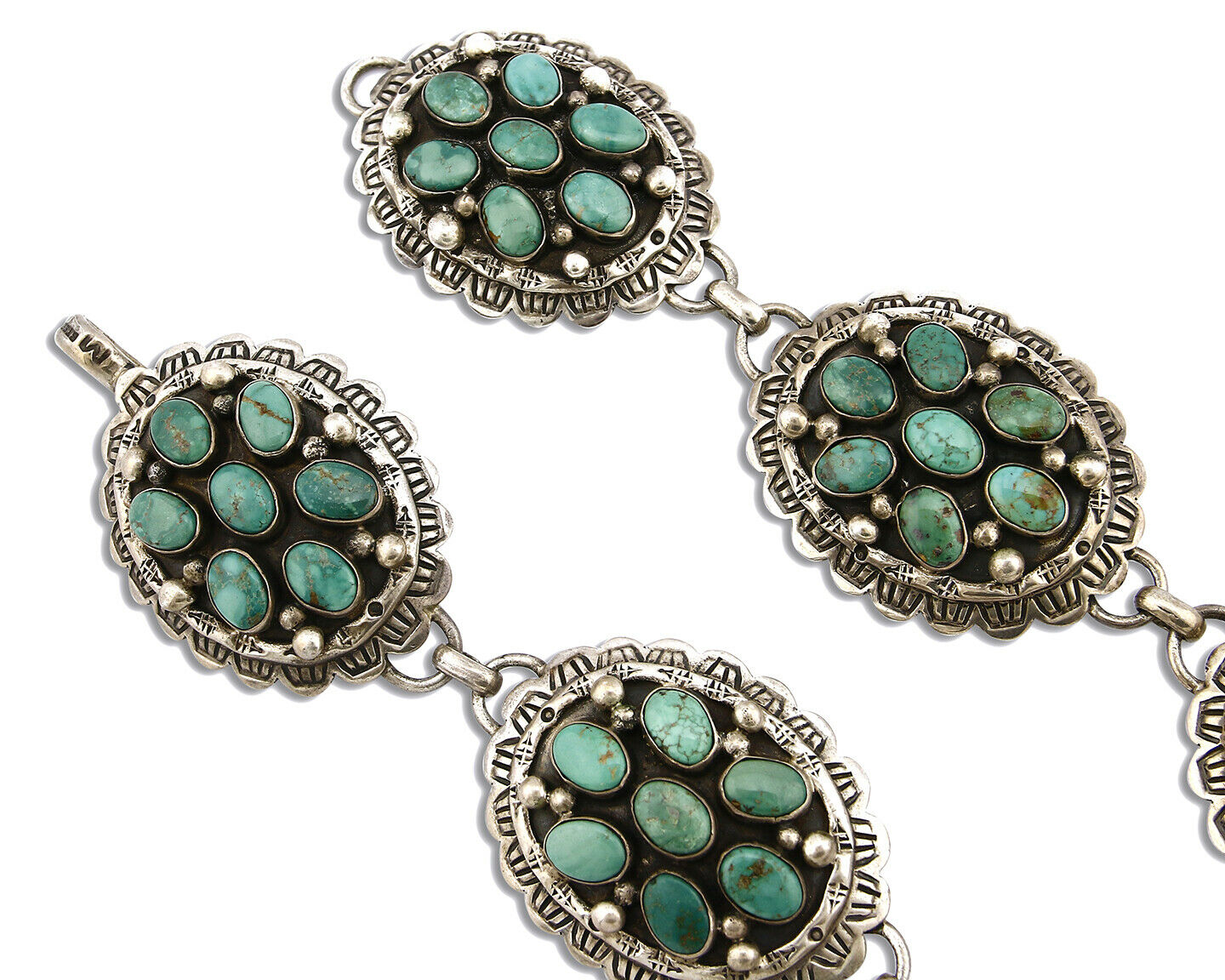 Women's Navajo Concho Belt .925 Silver Signed Montoya C.80's Nat Turq