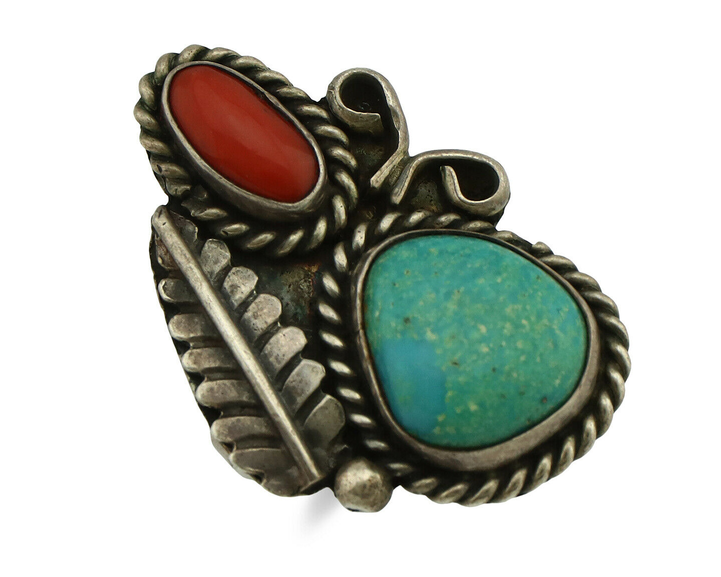 Navajo Ring .925 Silver Turquoise & Coral Native American Artist C.1975's
