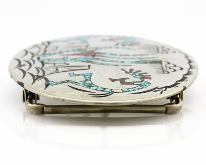 Navajo Belt Buckle .999 Nickle Silver Turquoise Coral Signed SD C.80's