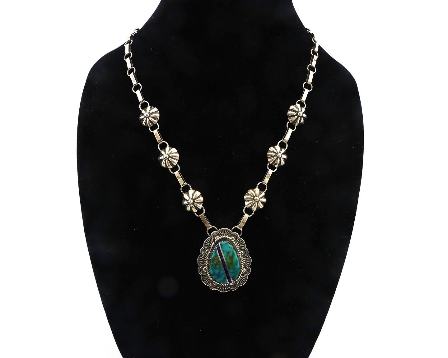 Navajo Necklace 925 Silver Turquoise, Onyx, Lapis Artist Signed M Begay C.80's