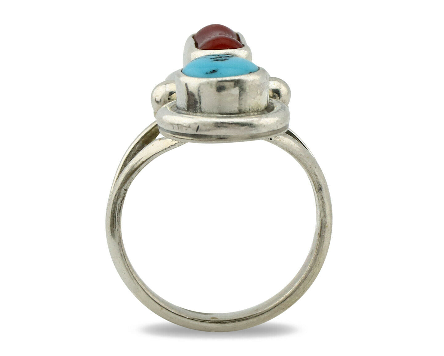 Navajo Ring .925 Silver Red Coral & Blue Turquoise Native Artist C.80's