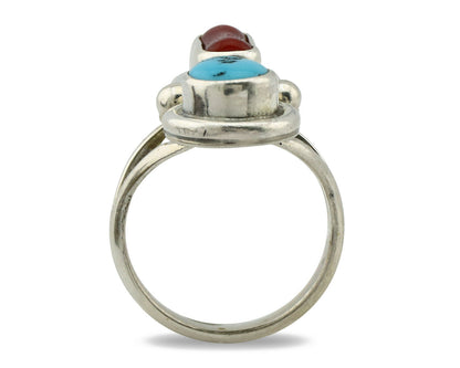 Navajo Ring .925 Silver Red Coral & Blue Turquoise Native Artist C.80's