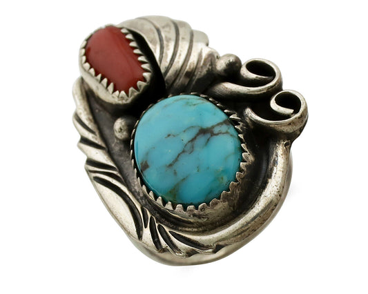 Navajo Ring 925 Silver Turquoise & Coral Artist Signed Native American C.80s