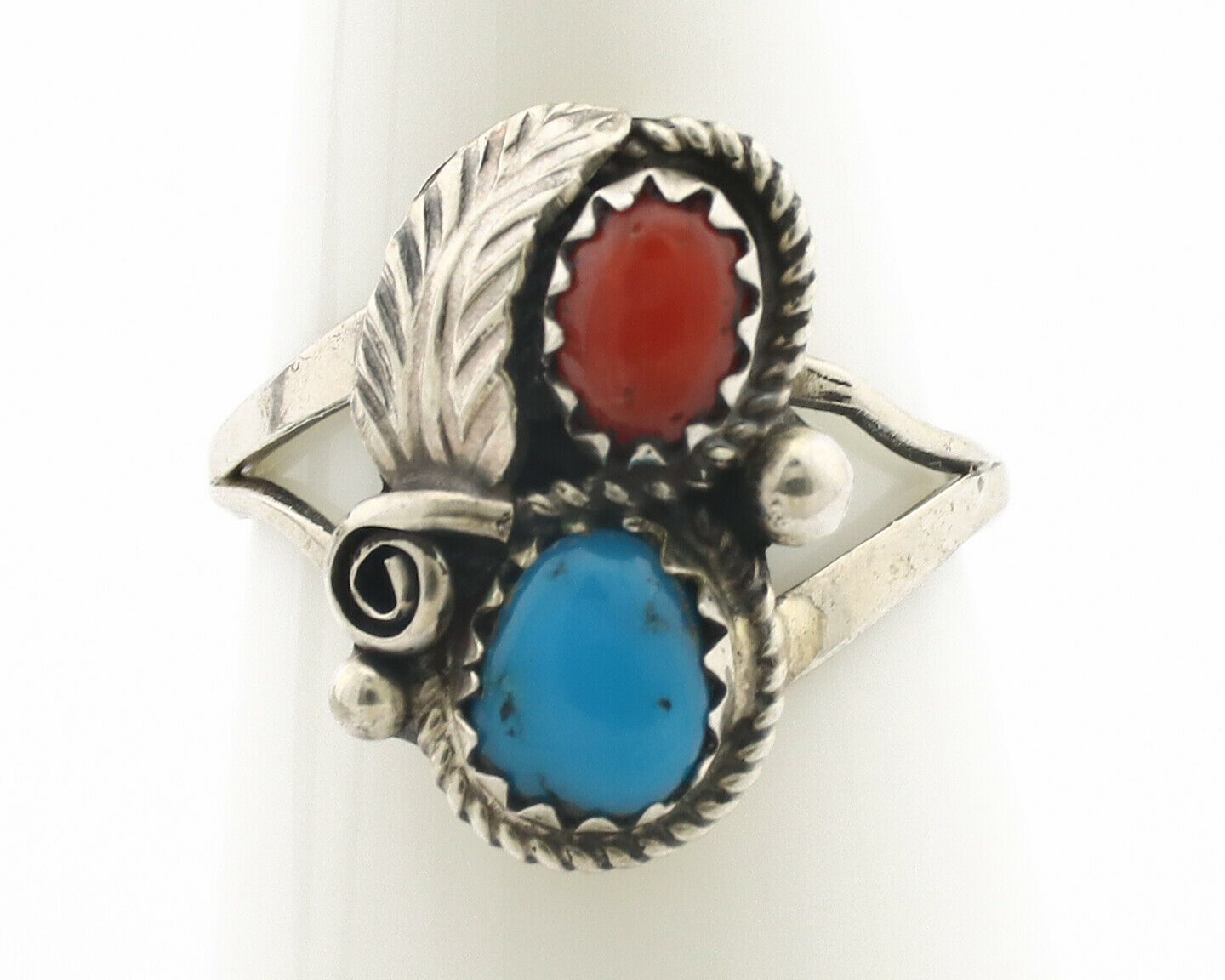 Navajo Ring .925 Silver Morenci Turquoise & Coral Native Artist Signed JM C.80's