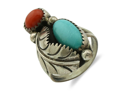 Navajo Ring .925 Silver Turquoise & Coral Native American Artist C.1980's