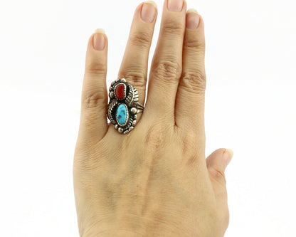 Navajo Ring .925 Silver Turquoise & Coral Artist Signed Thomas Singer C.80's