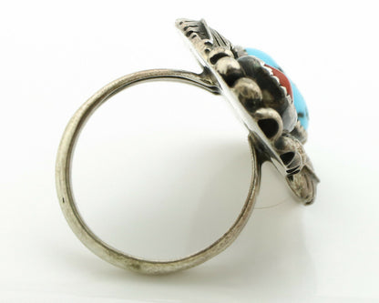 Navajo Ring .925 Silver Turquoise & Coral Artist Signed Thomas Singer C.80's