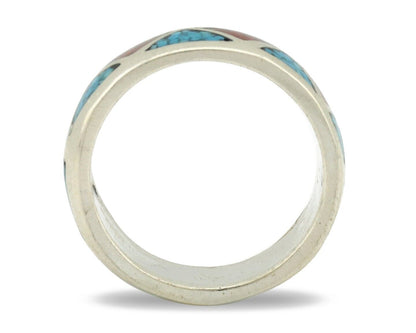 Navajo Ring 925 Silver Natural Turquoise & Coral Native American Artist C.80's