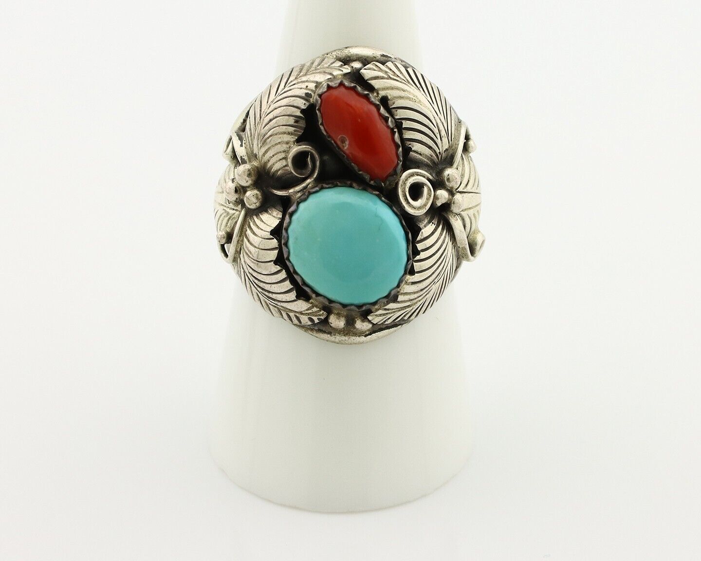 Navajo Ring 925 Silver Blue Turquiose & Mediterranean Coral Native Artist C.80's