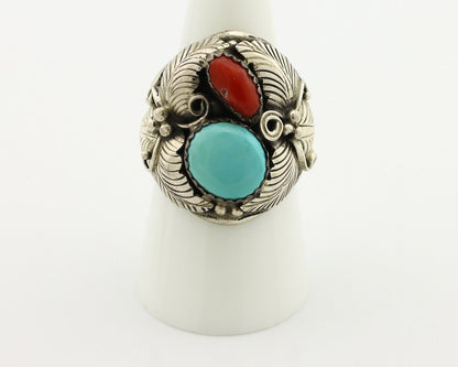 Navajo Ring 925 Silver Blue Turquiose & Mediterranean Coral Native Artist C.80's