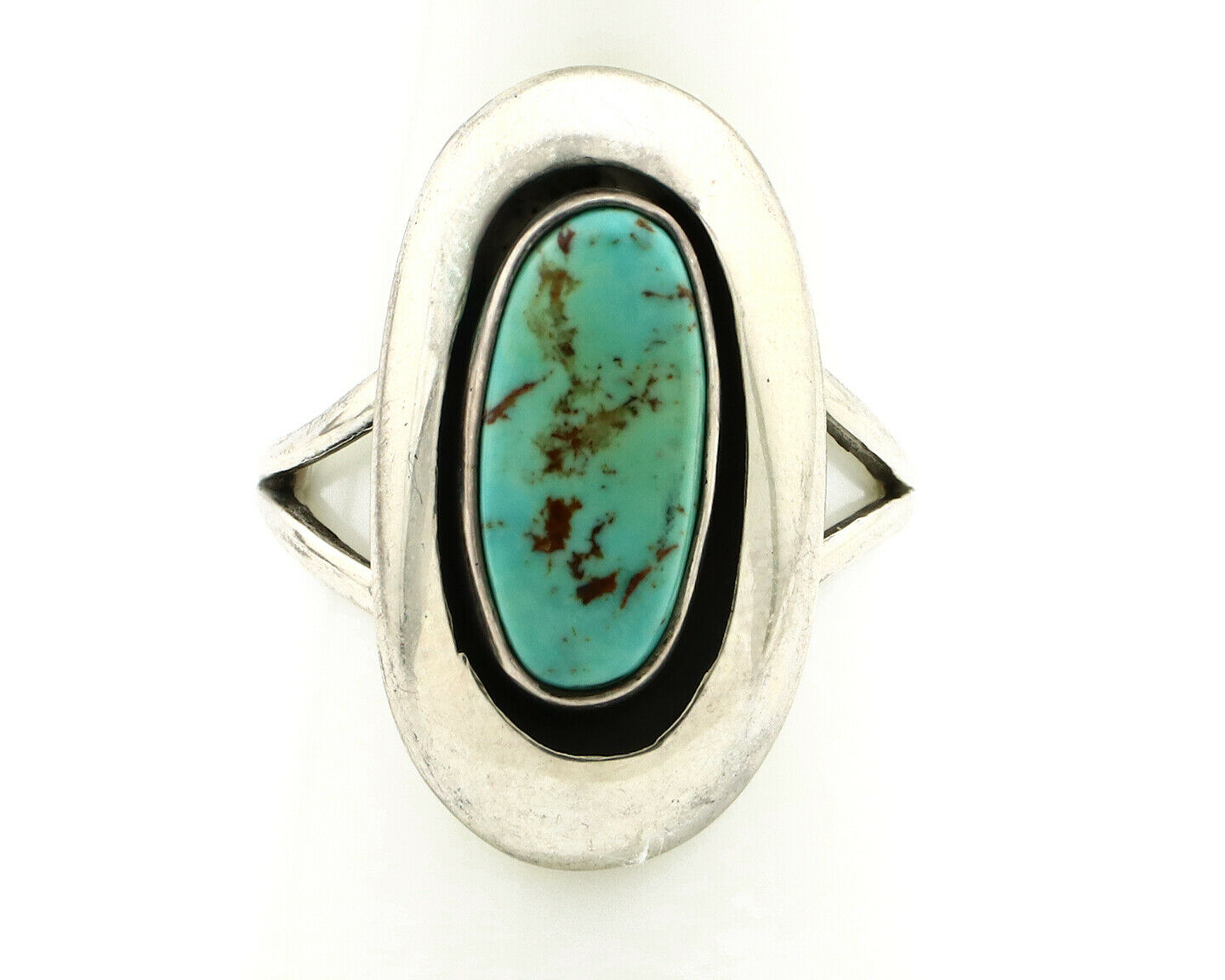 Navajo Shadow Box Ring .925 Silver Kingman Turquoise Signed M Montoya C80s