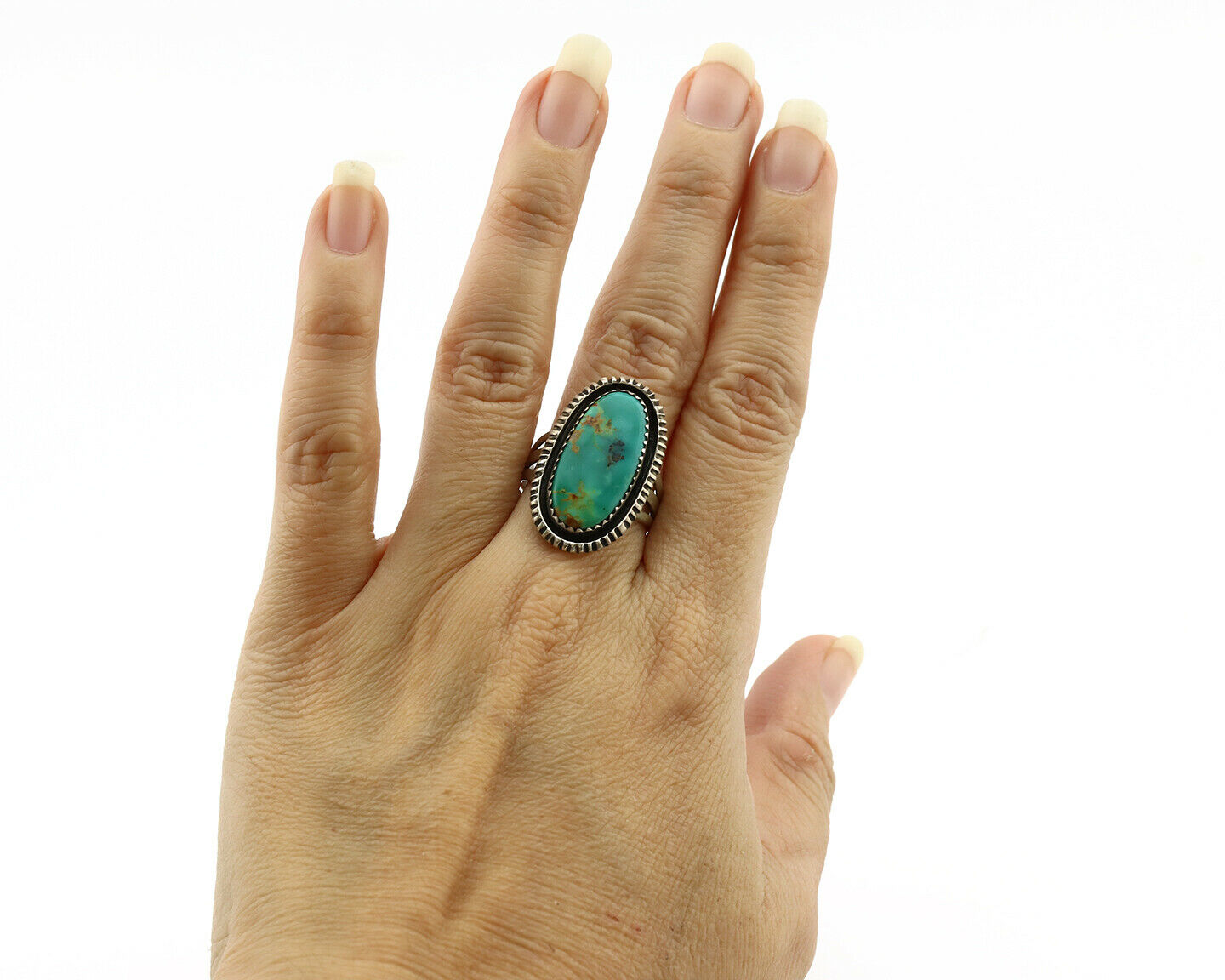 Navajo Ring .925 Silver Kingman Turquoise Native American Artist C.1980's