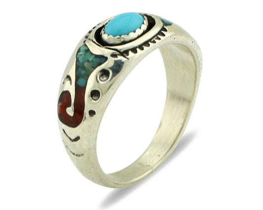 Navajo Handmade Ring 925 Silver Blue Turquoise & Coral Native American C.80's