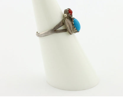 Navajo Handmade Ring 925 Silver Turquiose & Coral Native American Artist C.80's
