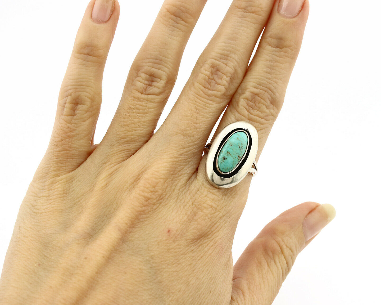 Navajo Shadow Box Ring .925 Silver Kingman Turquoise Signed M Montoya C80s