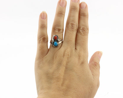 Navajo Ring .925 Silver Morenci Turquoise & Coral Native Artist Signed JM C.80's