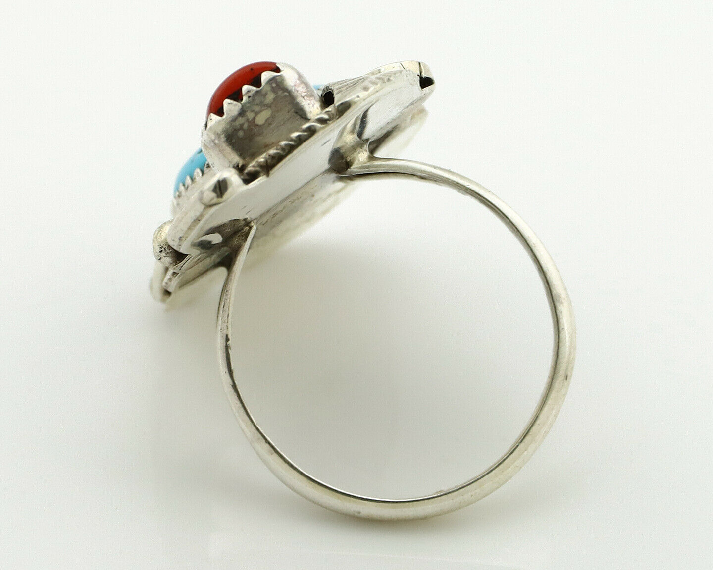 Navajo Ring .925 Silver Turquoise & Coral Artist Signed Justin Morris C.1980's