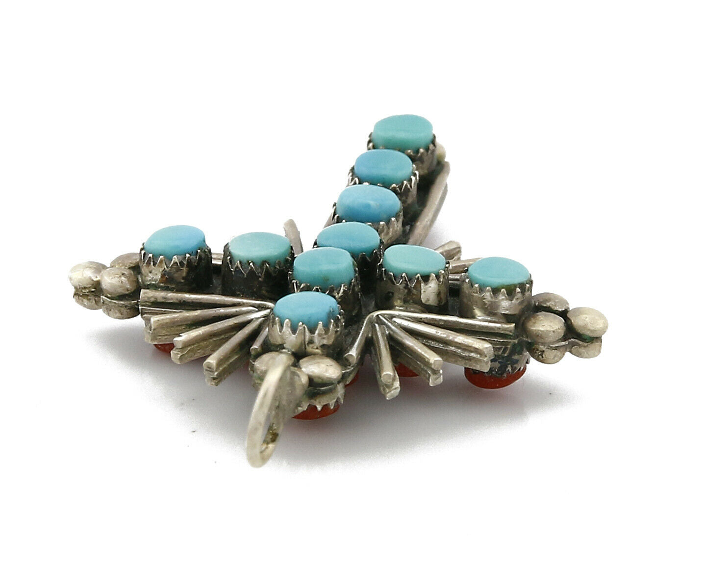 Zuni REAL Turquoise and Coral Reversible 925 Silver Handmade Cross Pendant
