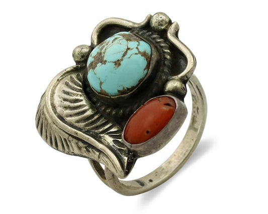 Navajo Ring 925 Silver Coral & Globe Turquoise Native American Artist C.80's
