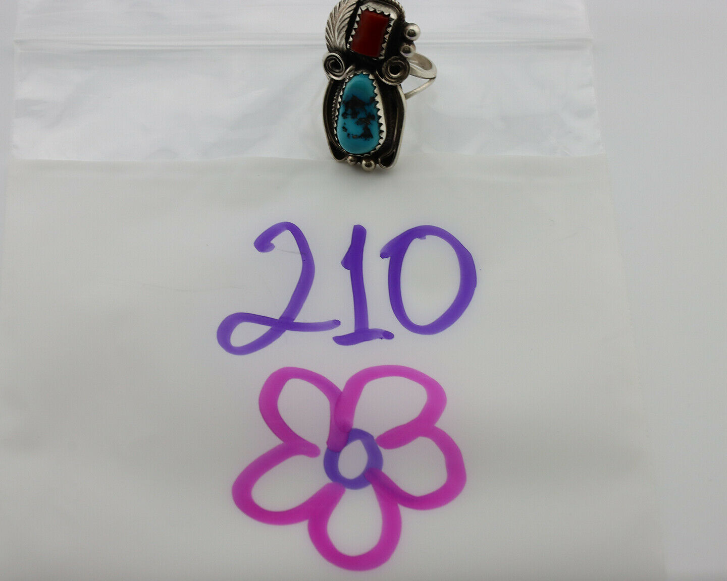 Navajo Ring .925 Silver Turquoise & Coral Artist Signed J Morris C.80's