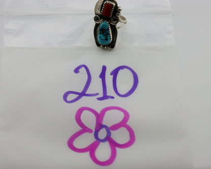 Navajo Ring .925 Silver Turquoise & Coral Artist Signed J Morris C.80's