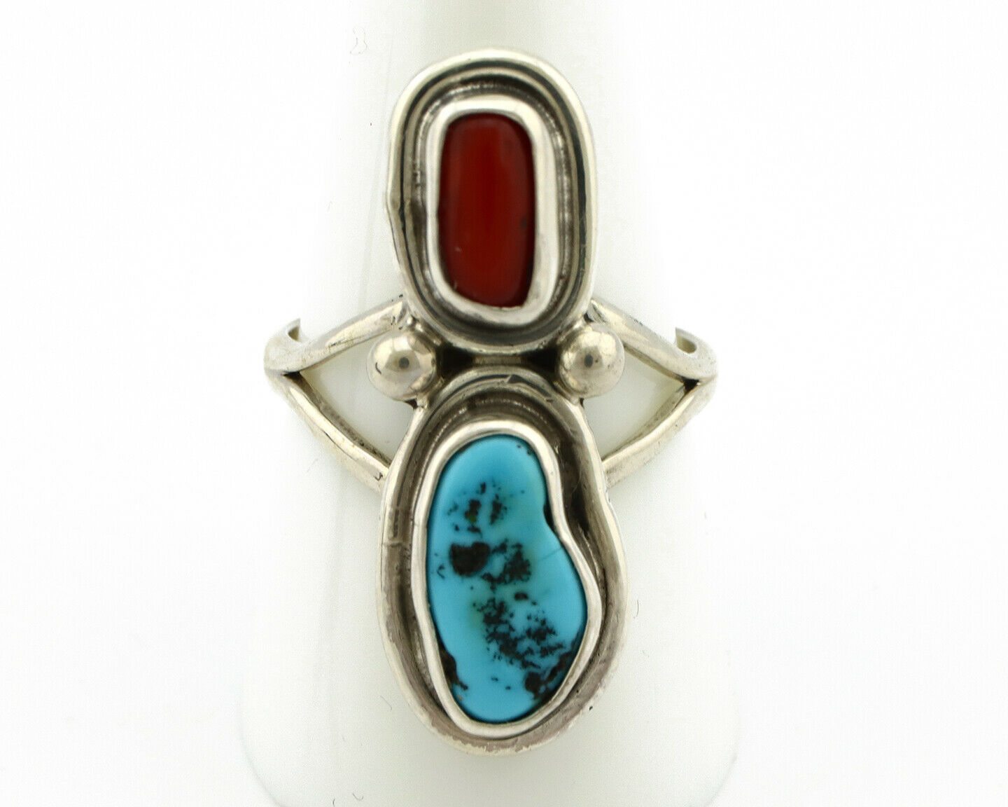 Navajo Ring .925 Silver Red Coral & Blue Turquoise Native Artist C.80's