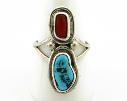 Navajo Ring .925 Silver Red Coral & Blue Turquoise Native Artist C.80's