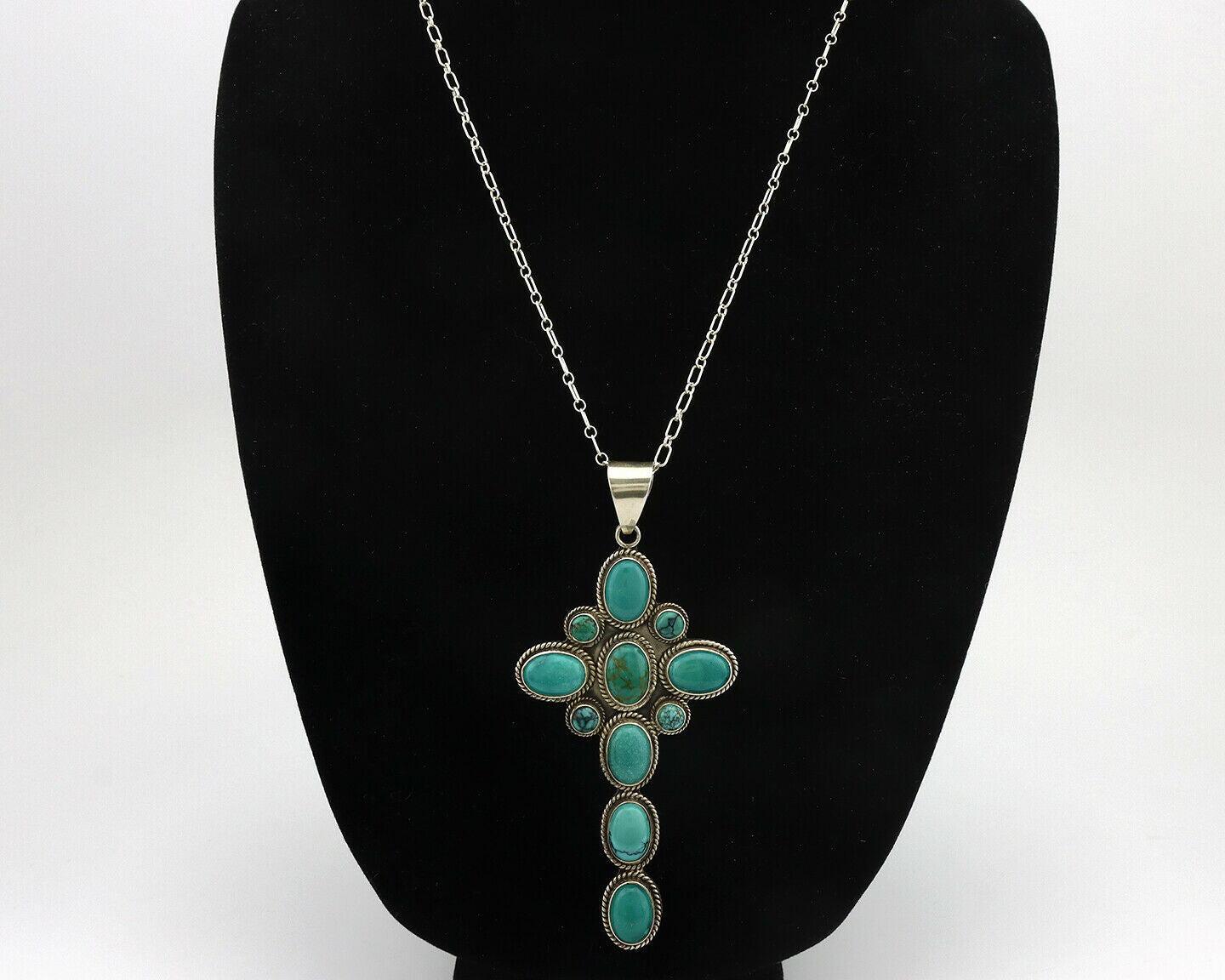 Navajo Cross Necklace .925 Silver Blue Green Turquoise Signed RB C.80's