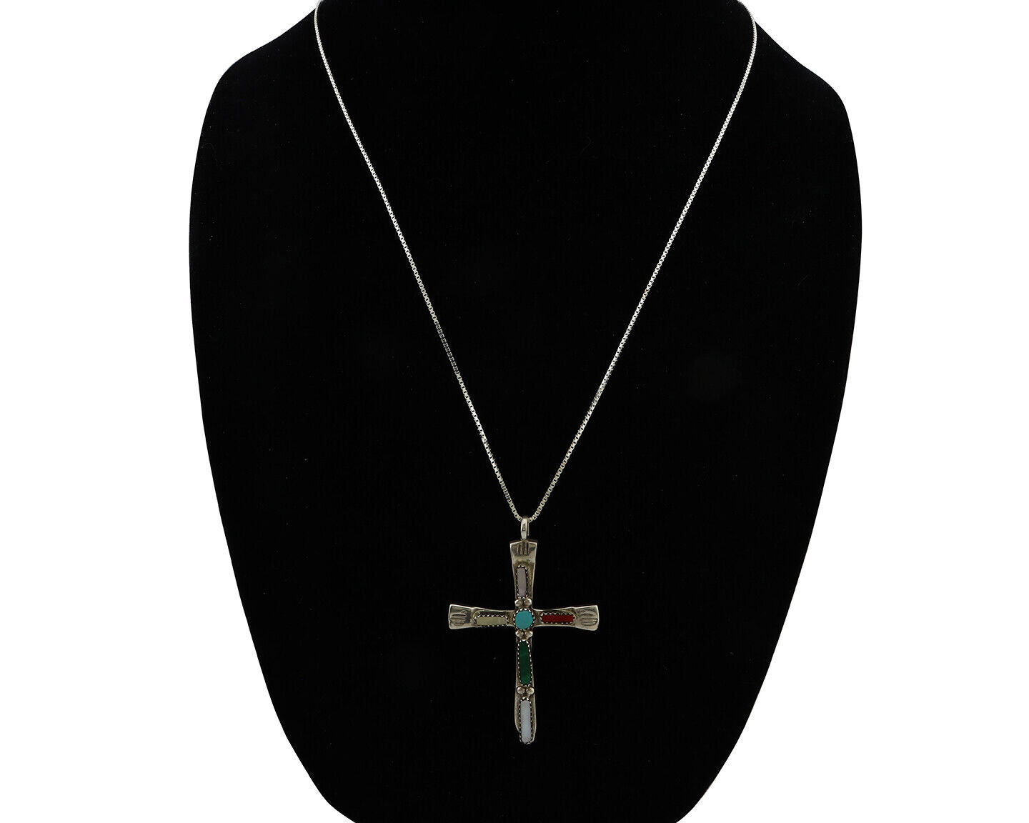 Zuni Handmade Cross Necklace 925 Silver Natural Gemstone Signed L. IULE C.80's