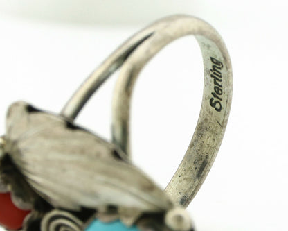 Navajo Ring .925 Silver Turquoise & Coral Native American Artist C.1980's