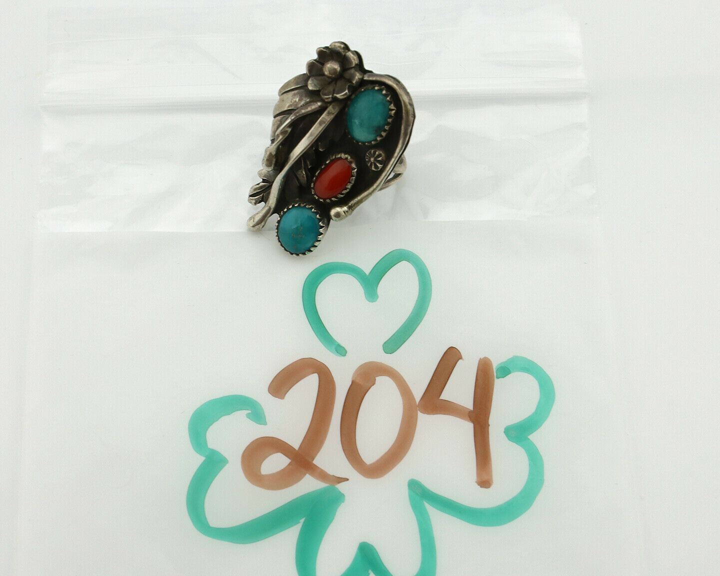 Navajo Ring .925 Silver Turquoise & Coral Native American Artist C.1980's