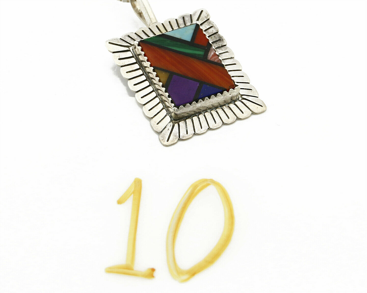 QVC Navajo Inlaid & Block Gemstone Pendant .925 Silver Handmade Signed QT .80's