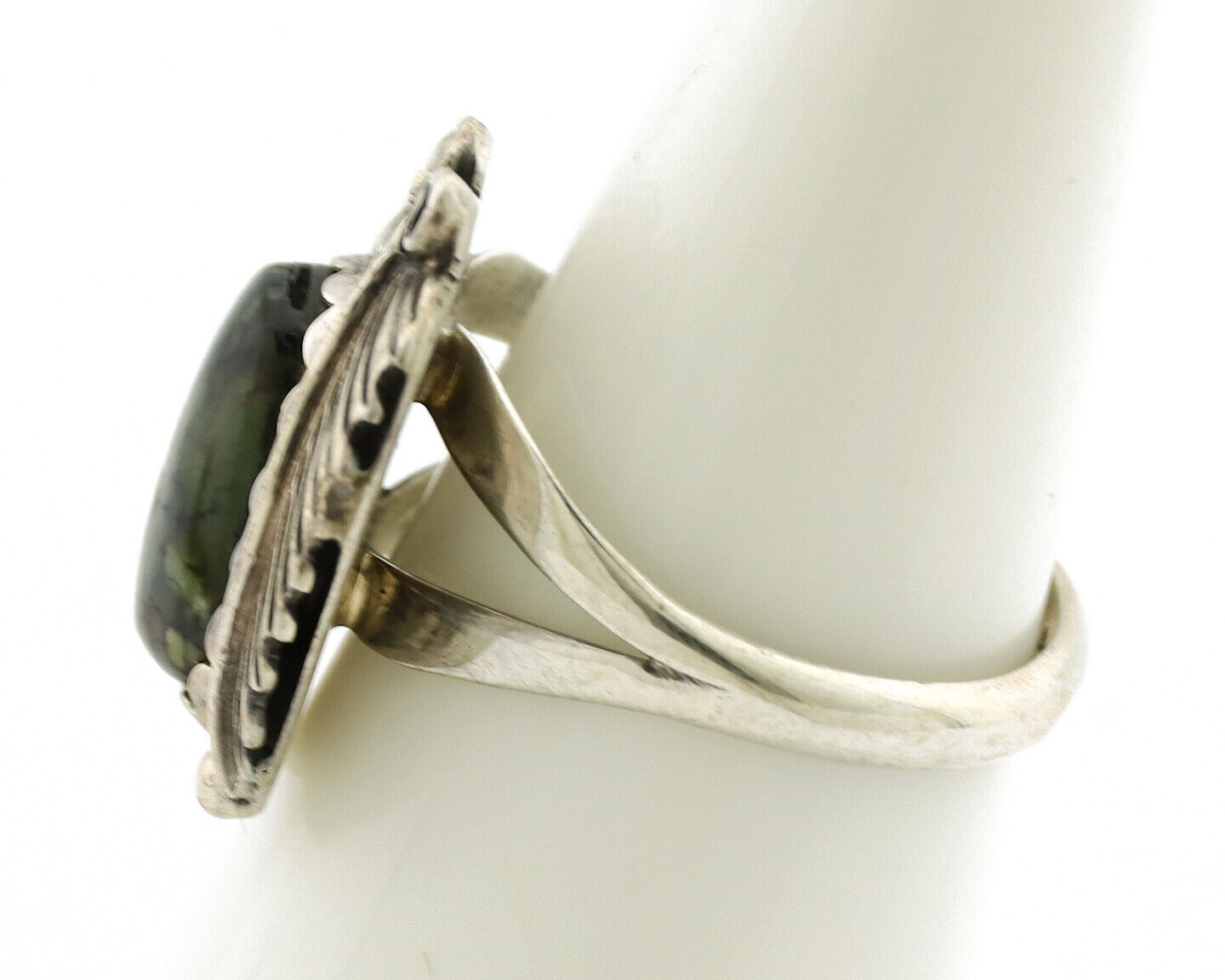 Navajo Ring .925 Silver Army Green Turquoise Native American Artist C.1980's