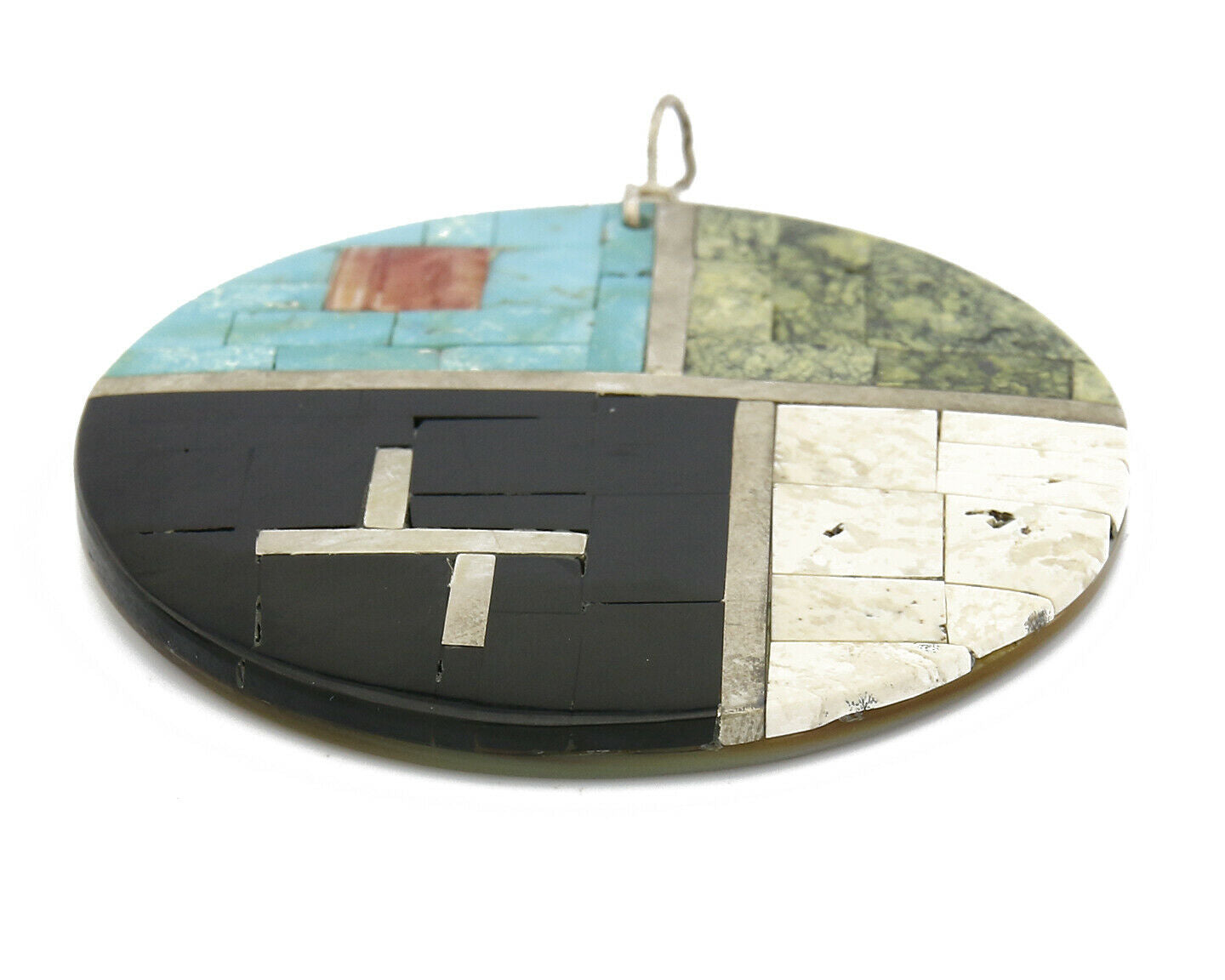 C. 1980's Santa Domingo Natural Gemstone Inlaid Handmade .925 Silver Pendant