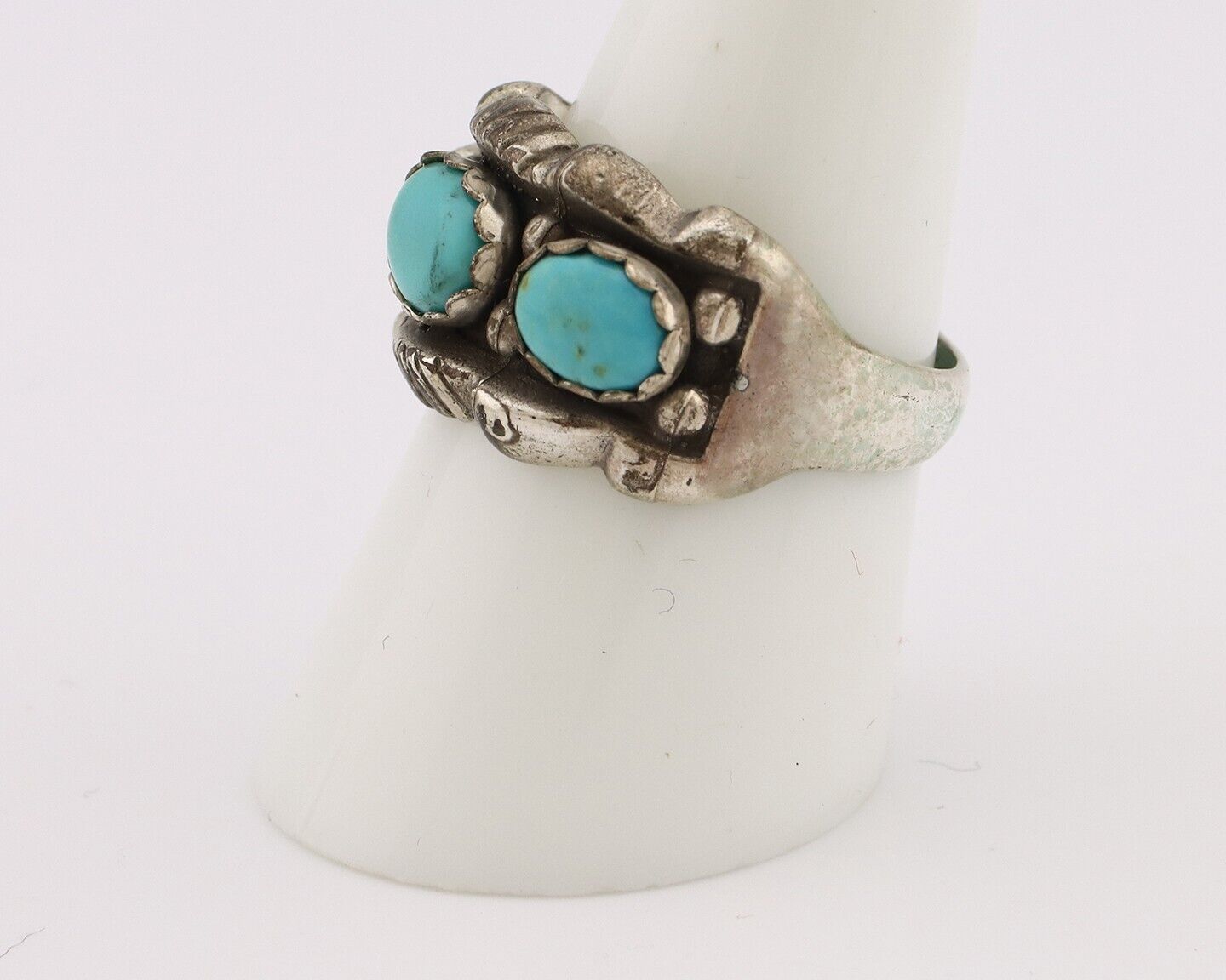 Navajo Ring .925 Silver Natural Blue Turquoise Artist Signed Sun Bell C.80's