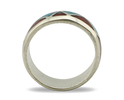 Navajo Chip Inlay Ring 925 Silver Sleeping Beauty Turquoise & Coral Silver Cloud