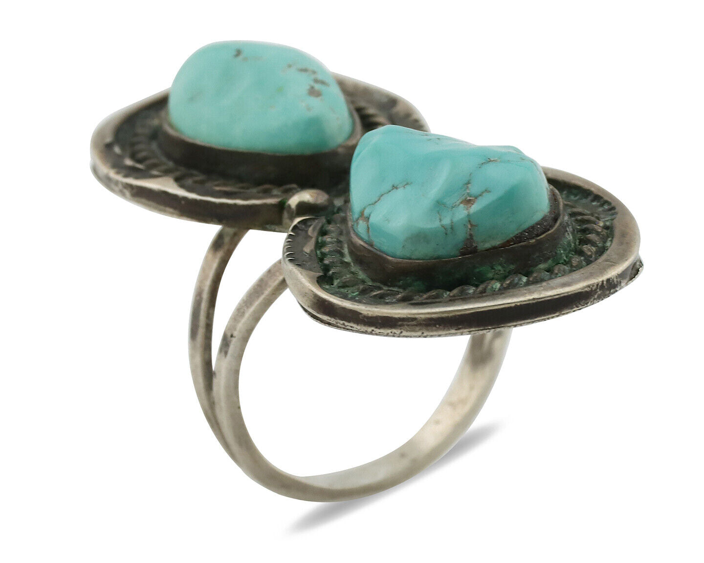 Navajo Ring .925 Silver Globe Turquoise Hand Stamped Native American Artist C80s